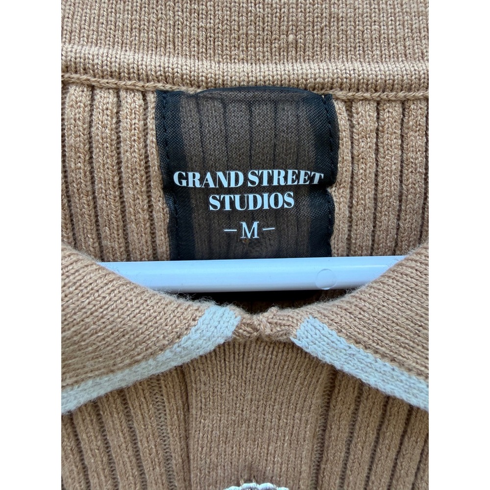 Grand Street Studios Camel Ribbed Knit Rhinestone Button Polo Mini Dress M NEW - Picture 2 of 12